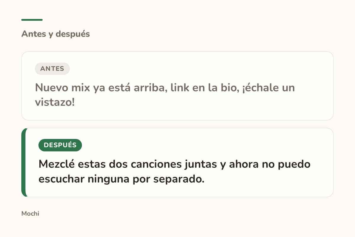 Tarjeta estilo publicación: la apertura débil 'Nuevo mix ya está arriba, link en la bio, ¡échale un vistazo!' reescrita como 'Mezclé estas dos canciones juntas y ahora no puedo escuchar ninguna por separado.'