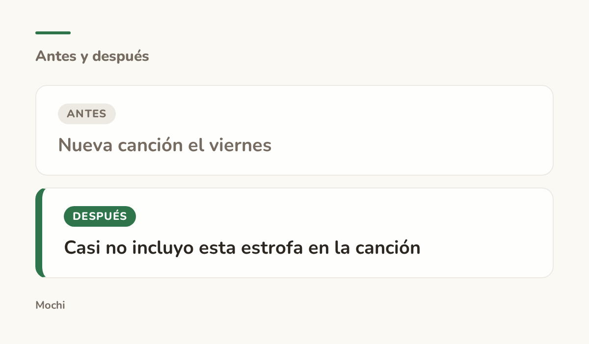 Tarjeta estilo publicación: la apertura débil 'Nueva canción el viernes' reescrita como 'Casi no incluyo esta estrofa en la canción'