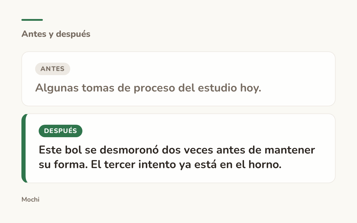 Tarjeta estilo publicación: la apertura débil 'Algunas tomas de proceso del estudio hoy.' reescrita como 'Este bol se desmoronó dos veces antes de mantener su forma. El tercer intento ya está en el horno.'