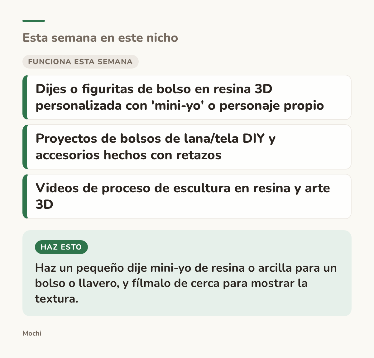 Tarjeta: funciona esta semana: Dijes o figuritas de bolso en resina 3D personalizada con 'mini-yo' o personaje propio, Proyectos de bolsos de lana/tela DIY y accesorios hechos con retazos, Videos de proceso de escultura en resina y arte 3D. Haz esto: Haz un pequeño dije mini-yo de resina o...