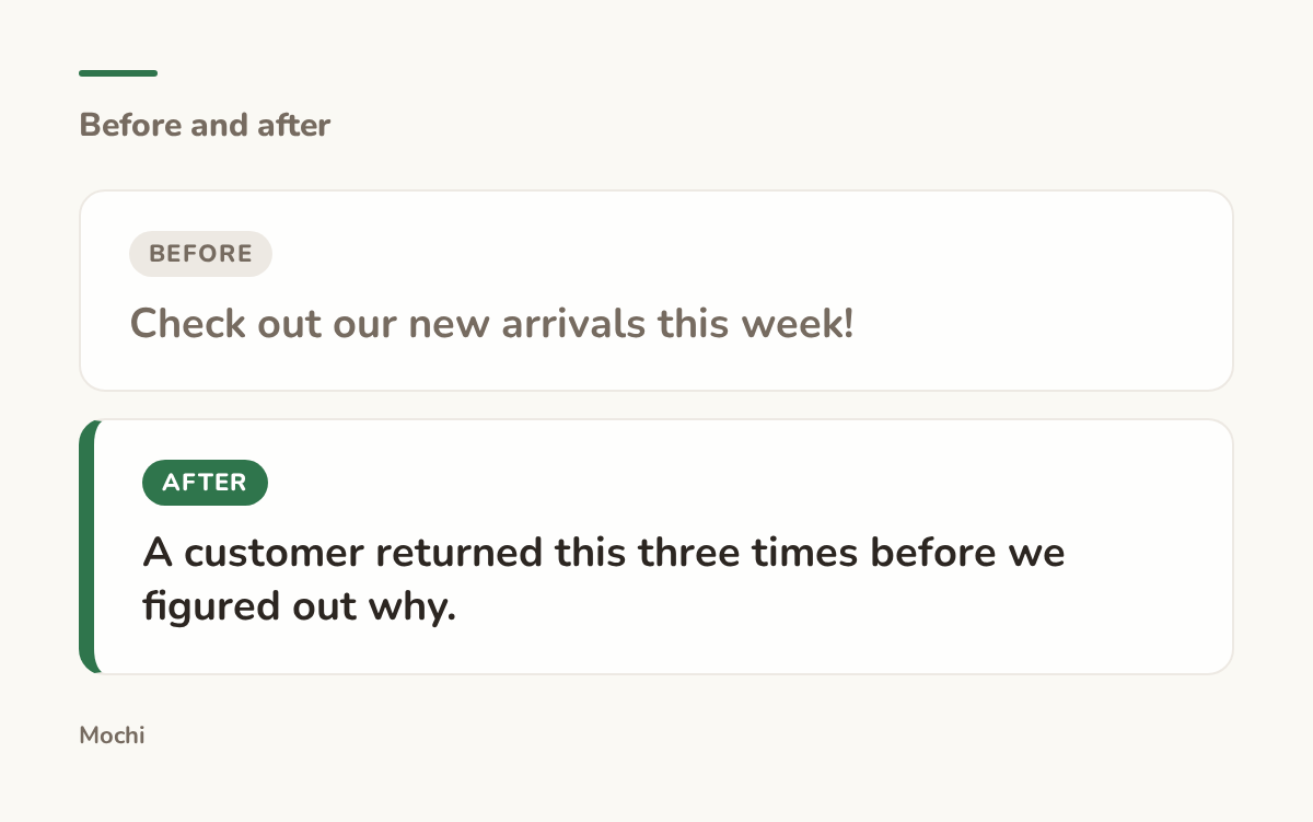 Post-style card: the weak opener 'Check out our new arrivals this week!' rewritten as 'A customer returned this three times before we figured out why.'