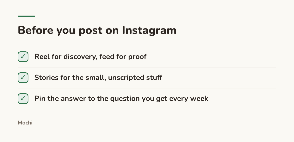 Infographic (checklist): Before you post on Instagram. Reel for discovery, feed for proof; Stories for the small, unscripted stuff; Pin the answer to the question you get every week
