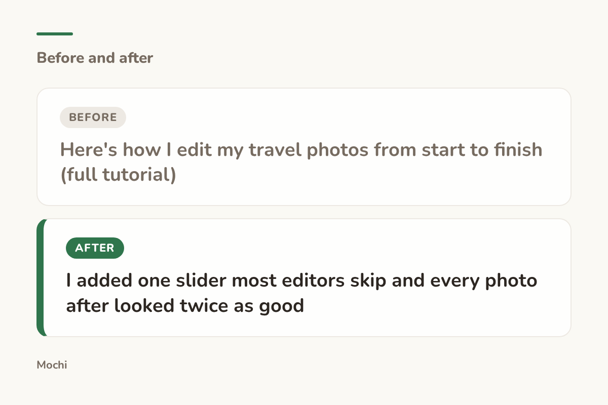 Post-style card: the weak opener 'Here's how I edit my travel photos from start to finish (full tutorial)' rewritten as 'I added one slider most editors skip and every photo after looked twice as good'