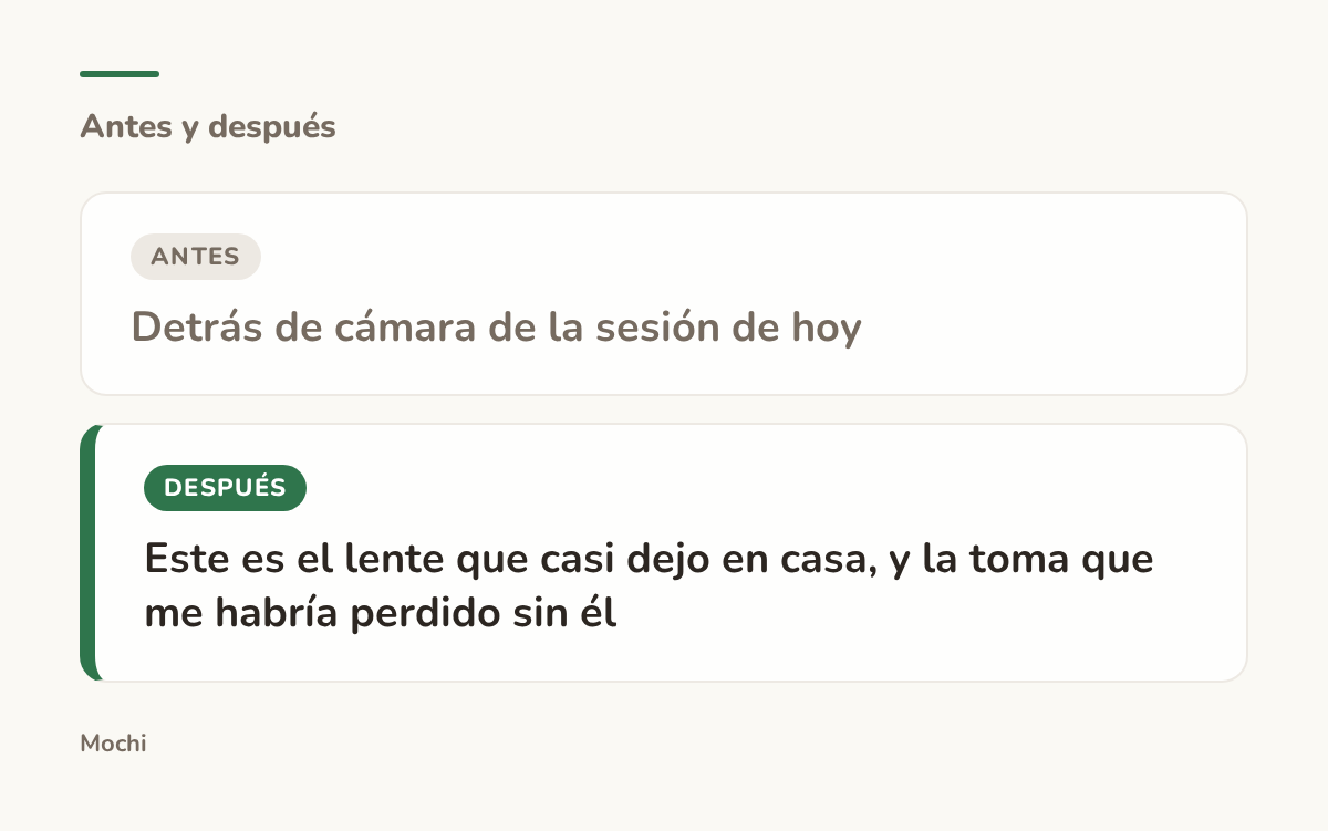 Tarjeta estilo publicación: la apertura débil 'Detrás de cámara de la sesión de hoy' reescrita como 'Este es el lente que casi dejo en casa, y la toma que me habría perdido sin él'