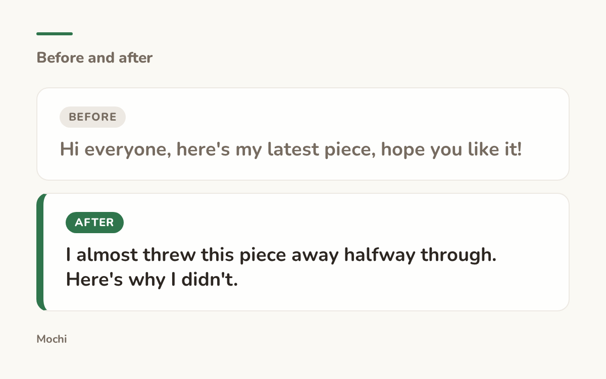 Post-style card: the weak opener 'Hi everyone, here's my latest piece, hope you like it!' rewritten as 'I almost threw this piece away halfway through. Here's why I didn't.'