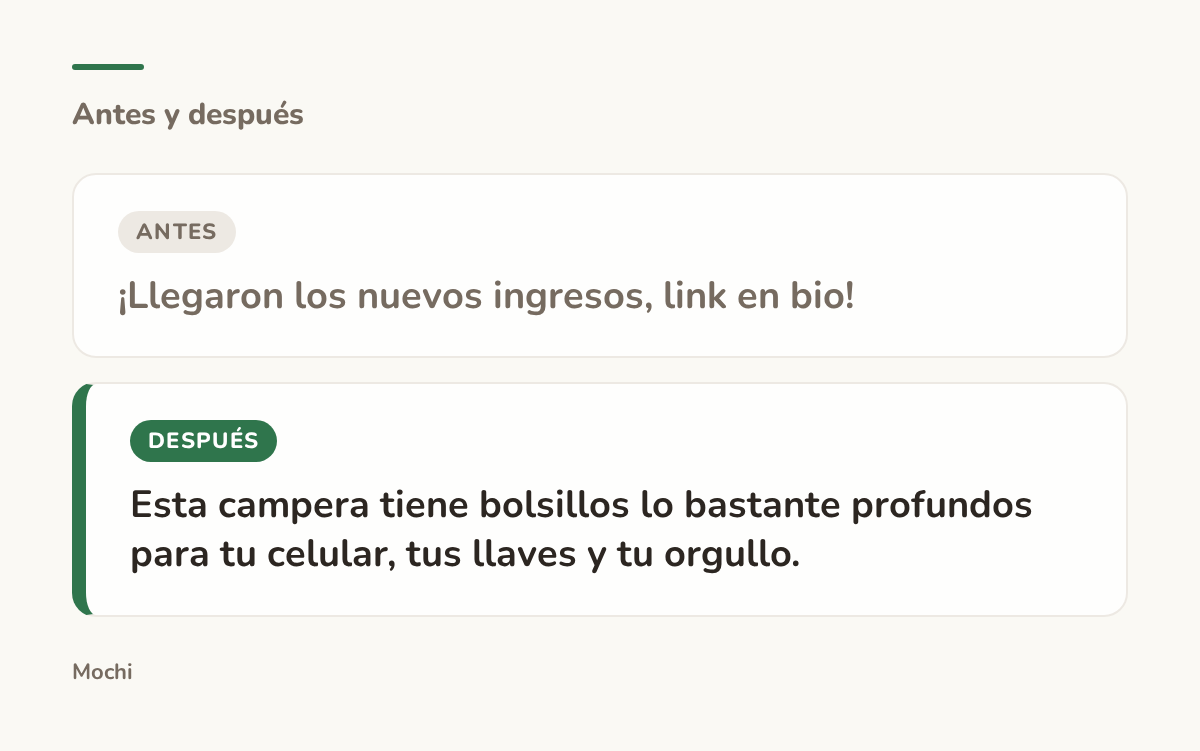 Tarjeta estilo publicación: la apertura débil '¡Llegaron los nuevos ingresos, link en bio!' reescrita como 'Esta campera tiene bolsillos lo bastante profundos para tu celular, tus llaves y tu orgullo.'
