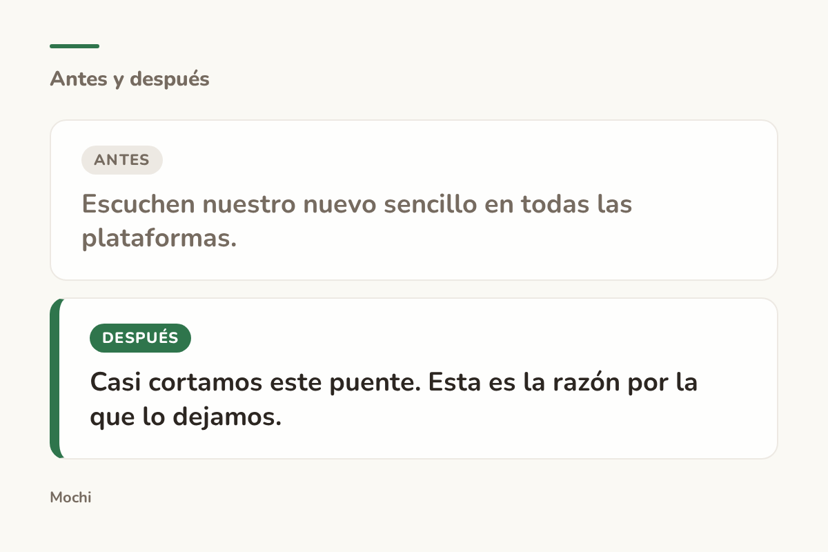 Tarjeta estilo publicación: la apertura débil 'Escuchen nuestro nuevo sencillo en todas las plataformas.' reescrita como 'Casi cortamos este puente. Esta es la razón por la que lo dejamos.'