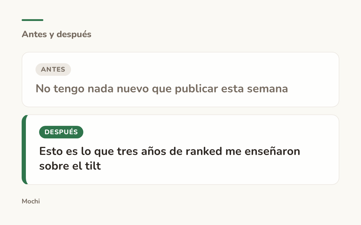 Tarjeta estilo publicación: la apertura débil 'No tengo nada nuevo que publicar esta semana' reescrita como 'Esto es lo que tres años de ranked me enseñaron sobre el tilt'