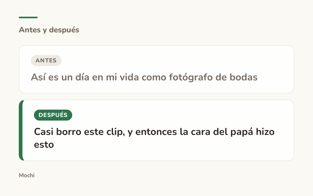 Tarjeta estilo publicación: la apertura débil 'Así es un día en mi vida como fotógrafo de bodas' reescrita como 'Casi borro este clip, y entonces la cara del papá hizo esto'