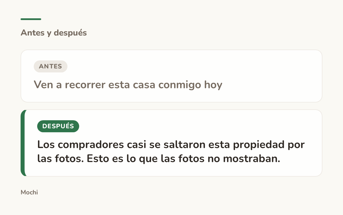 Tarjeta estilo publicación: la apertura débil 'Ven a recorrer esta casa conmigo hoy' reescrita como 'Los compradores casi se saltaron esta propiedad por las fotos. Esto es lo que las fotos no mostraban.'