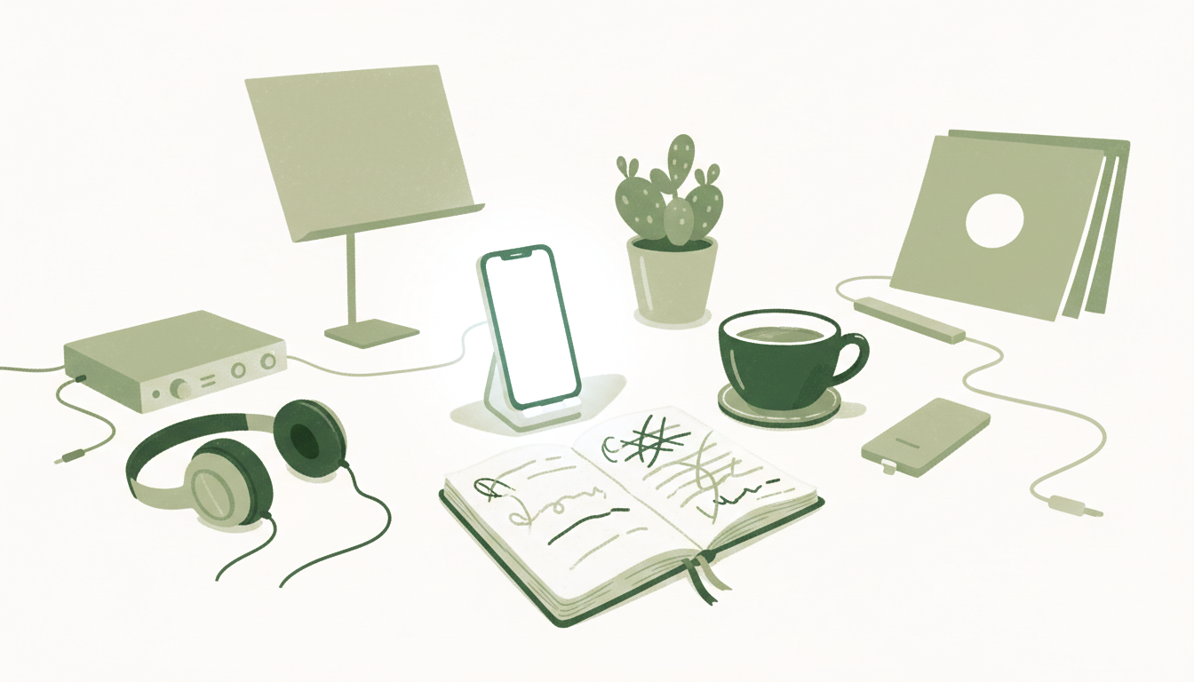 Illustration: a musician's cluttered desk at night with a half-written caption open on a phone, a notebook of crossed-out and rewritten phrases, and a cold cup of tea