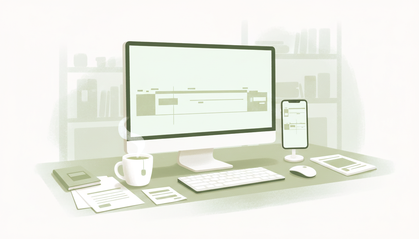 Illustration: a videographer's editing desk at night, one monitor showing a long interview timeline and a phone propped up showing a short vertical cut, a cup of tea beside the keyboard