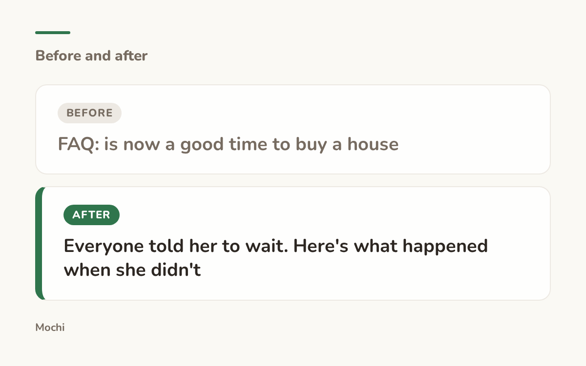 Post-style card: the weak opener 'FAQ: is now a good time to buy a house' rewritten as 'Everyone told her to wait. Here's what happened when she didn't'