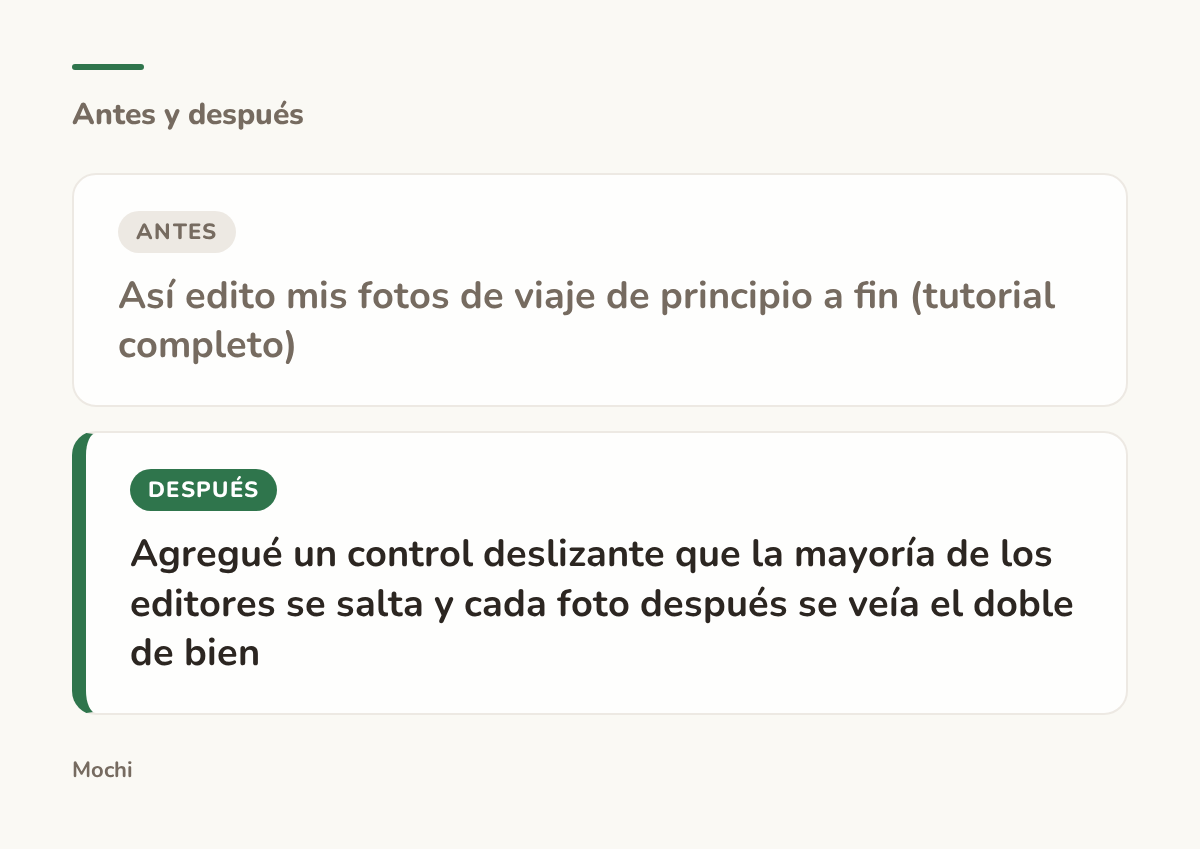 Tarjeta estilo publicación: la apertura débil 'Así edito mis fotos de viaje de principio a fin (tutorial completo)' reescrita como 'Agregué un control deslizante que la mayoría de los editores se salta y cada foto después se veía el doble de bien'