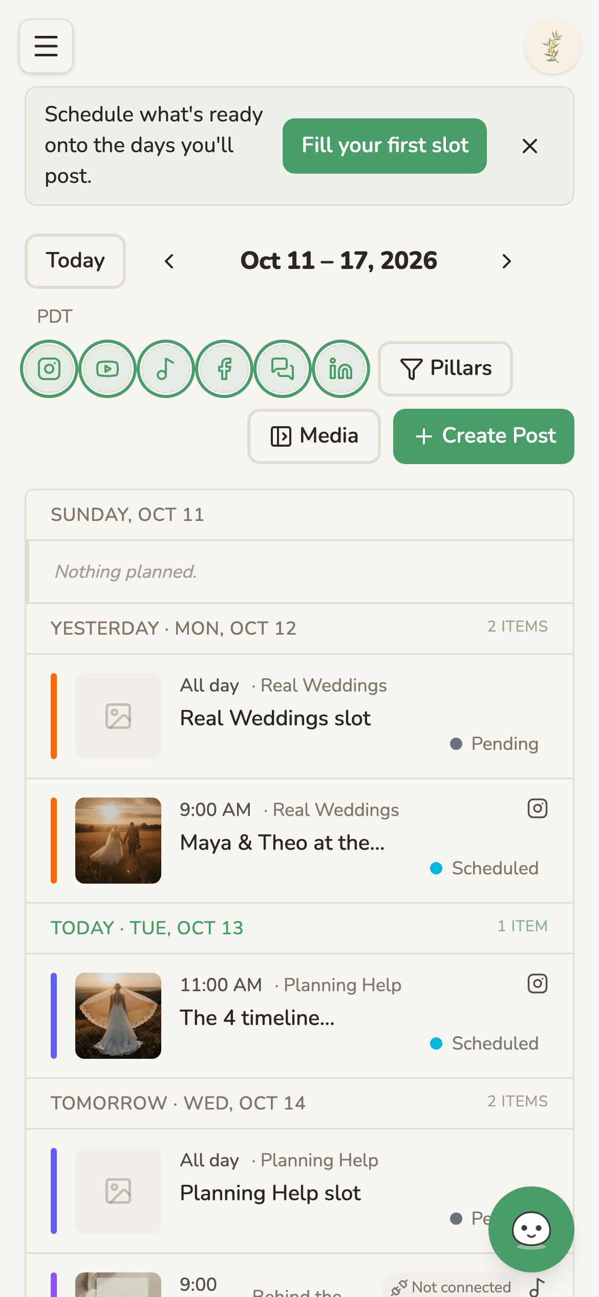 A content calendar week filled with scheduled posts across the Real Weddings, Planning Help and Behind the Camera pillars. (phone view)