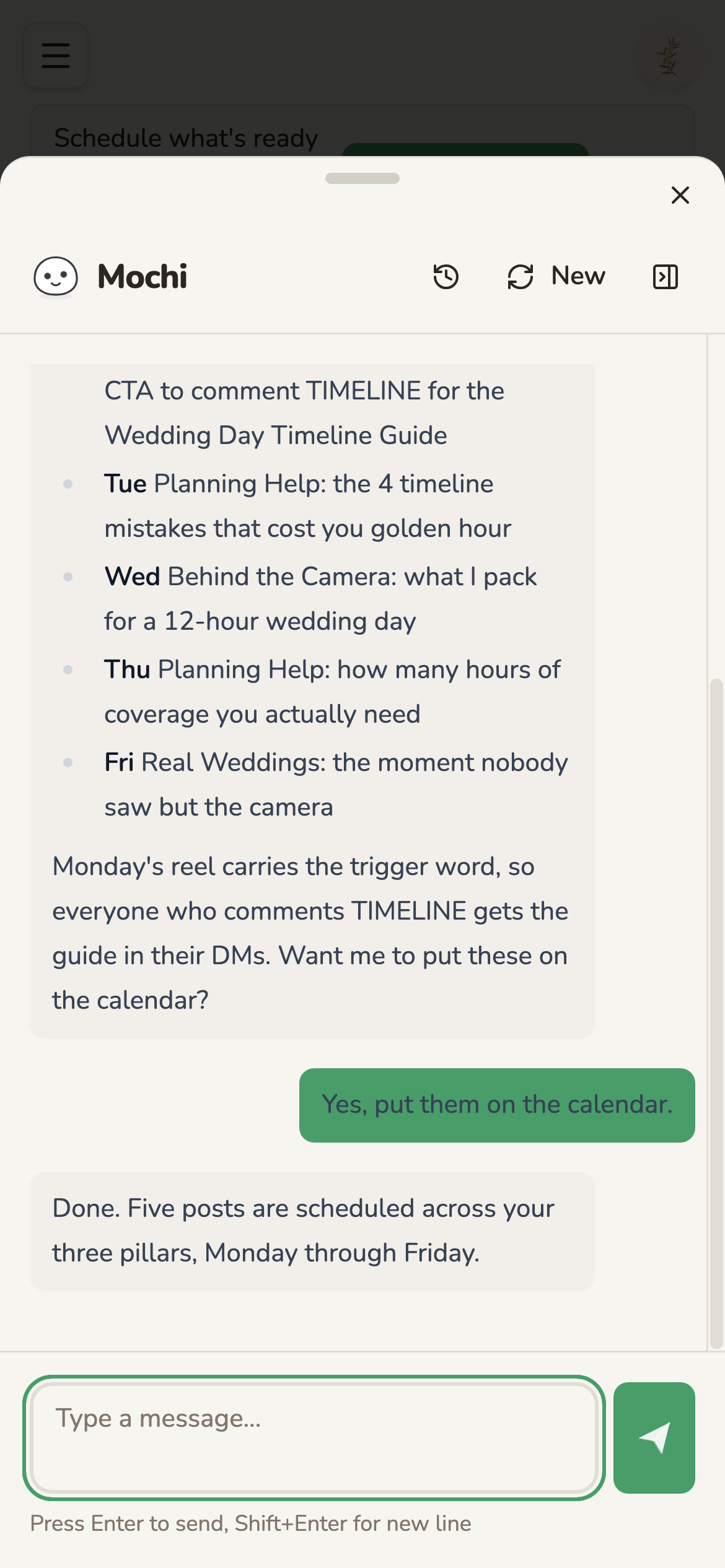 A chat with Mochi planning a week of content around one first-look reel, ending with the posts on the calendar. (phone view)
