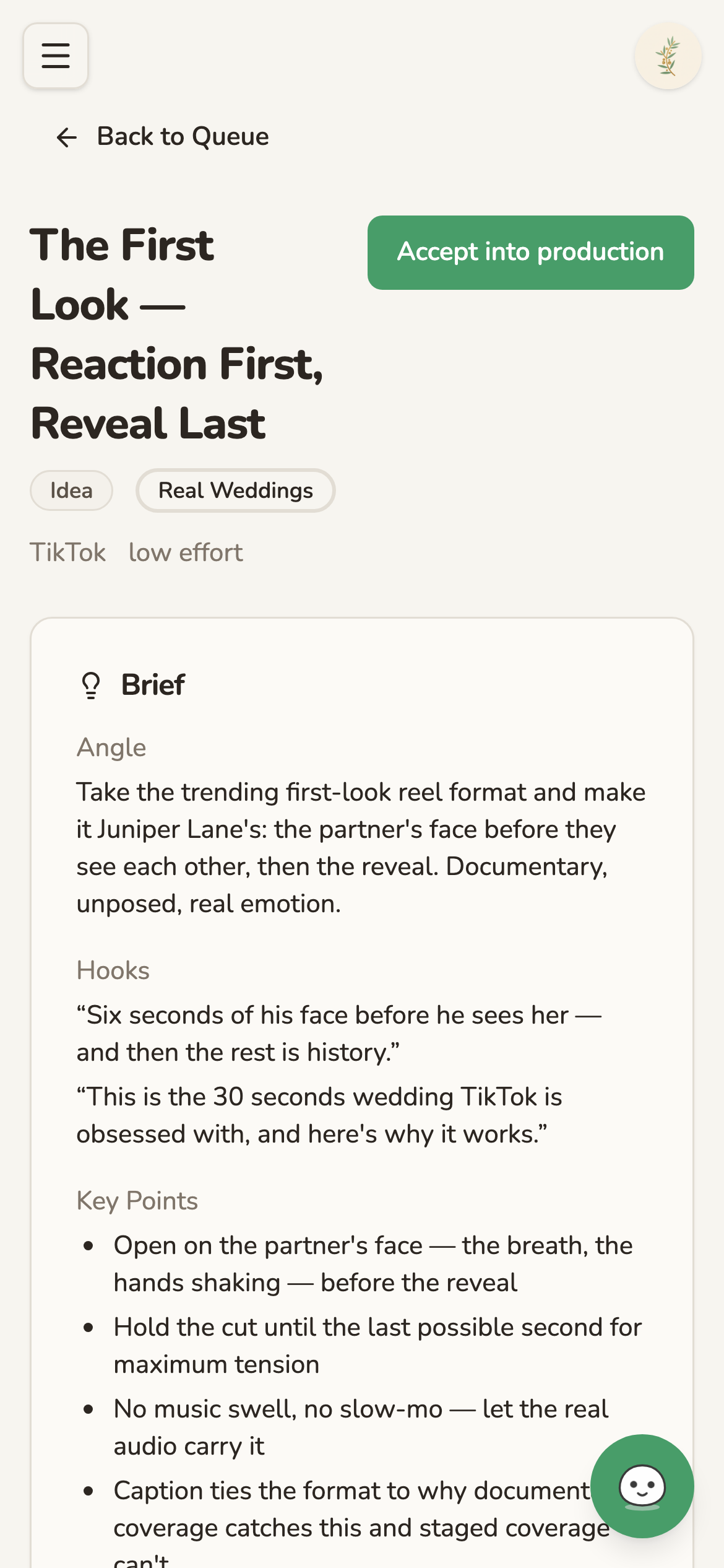 An idea open on its own page with its brief: a real couple's first look, with the angle, hooks, key points and a call to action. (phone view)