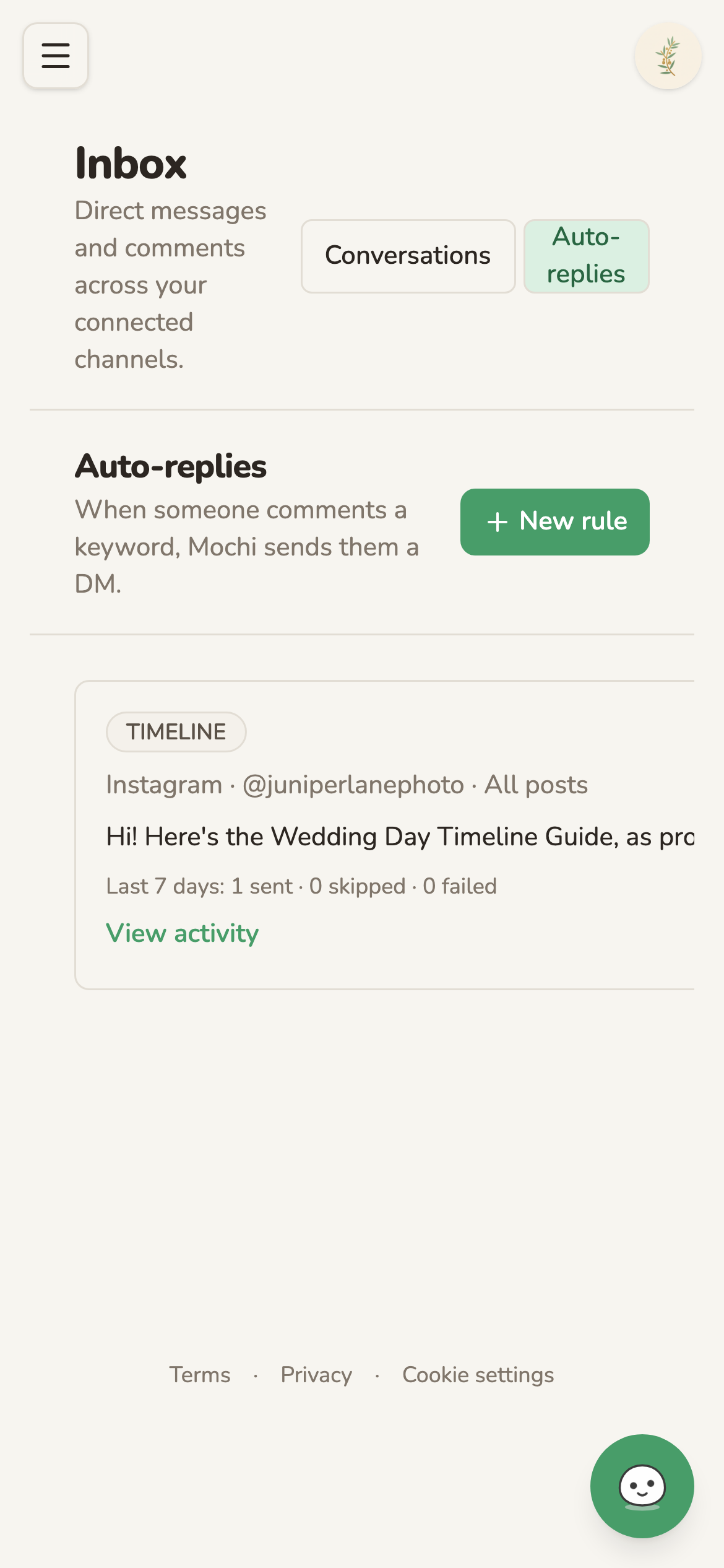 The inbox's auto-reply rule on the demo brand: a comment containing TIMELINE gets the Wedding Day Timeline Guide by DM. The card shows the keyword, the message it sends and what it sent in the last week. (phone view)