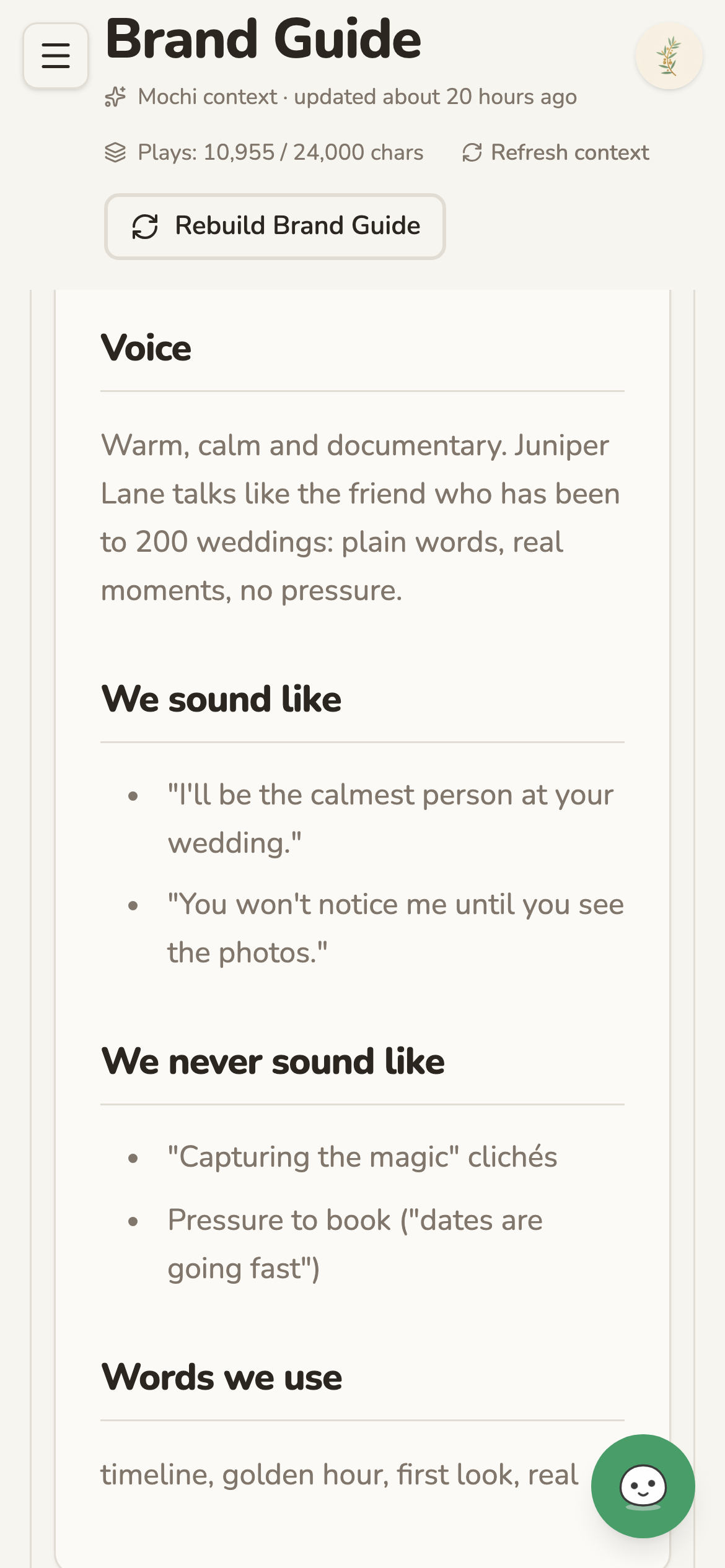 The playbook's brand voice section: how the photographer sounds to couples and the words it uses. (phone view)