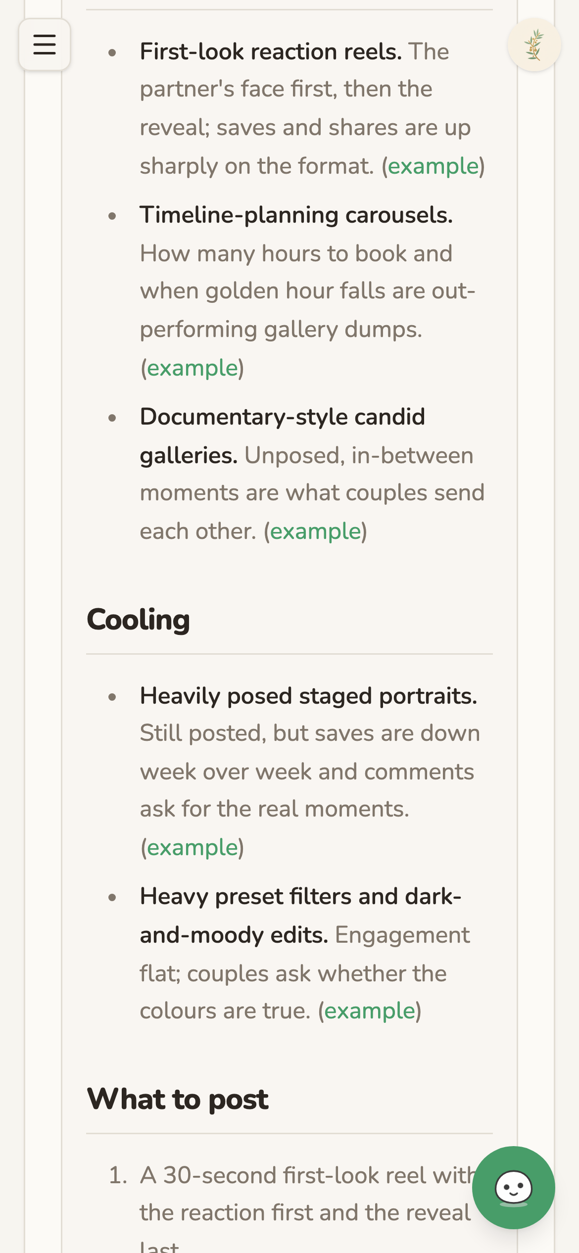 A finished research document sorting what couples are saving from what they scroll past in wedding content, with sources and what to post. (phone view)