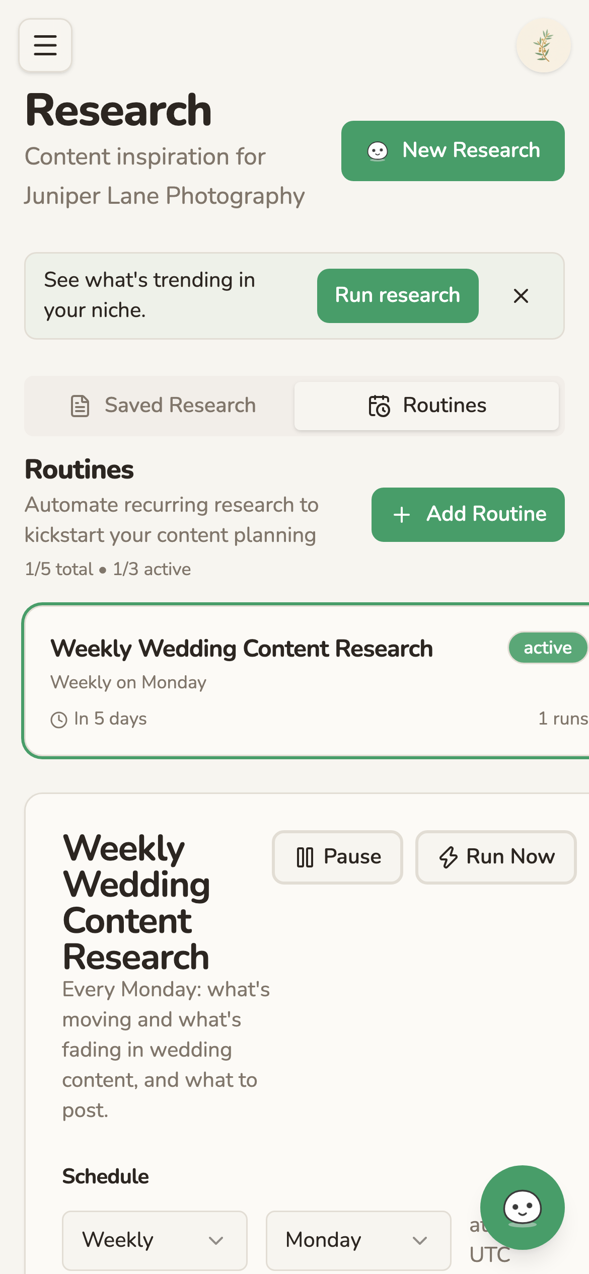 A weekly wedding-content research routine open on the demo brand: it runs every Monday at 09:00 UTC, shows its next run and how many times it has run, and can be paused or run now. (phone view)